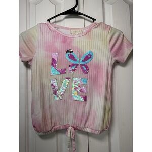 Girls Btween Size 8 Tie Dye Ribbed Sequin LOVE Butterfly‎ Short Sleeve Top